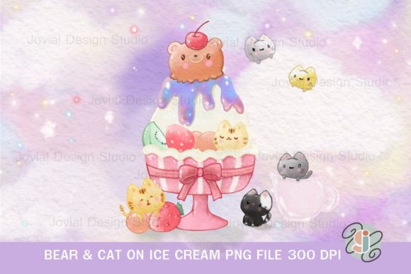 Bear Cat on Ice Cream Watercolour PNG