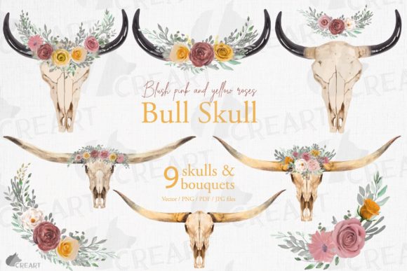 Blush and Yellow Roses Floral Bull Skull