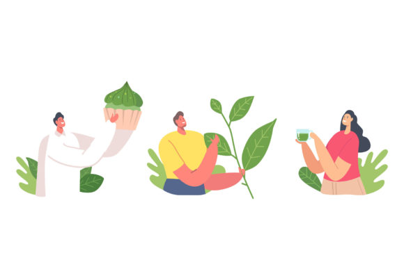 Set of People Drinking Matcha Tea